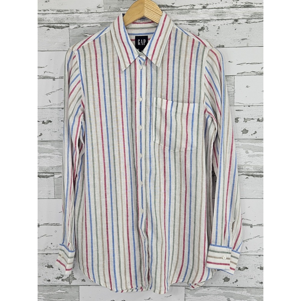 Gap Womens XS Linen Blend Striped Button Down Shirt Long Sleeve Multi Color